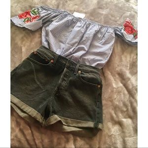 Blue and White Pinstriped Off The Shoulder Top